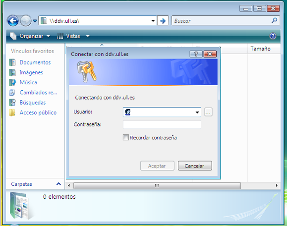 Explorador de windows accediendo al disco en red (solicitud de credenciales).
